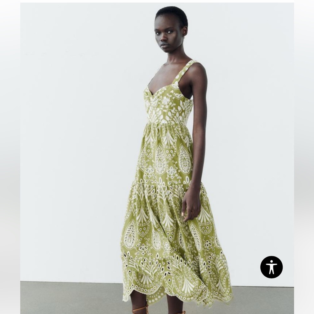 NWT ZARA GREEN OPENWORK EMBROIDERY MIDI DRESS Size XL